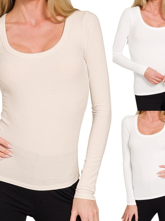 Zenana Outfitters Tops - “ Everyday Bliss Long Sleeve “ Tee | Sand Beige / White